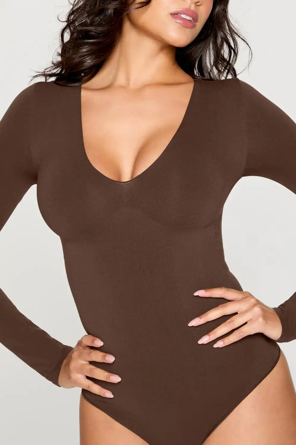 Nearly Naked Shapewear Plunge Long Sleeve Bodysuit