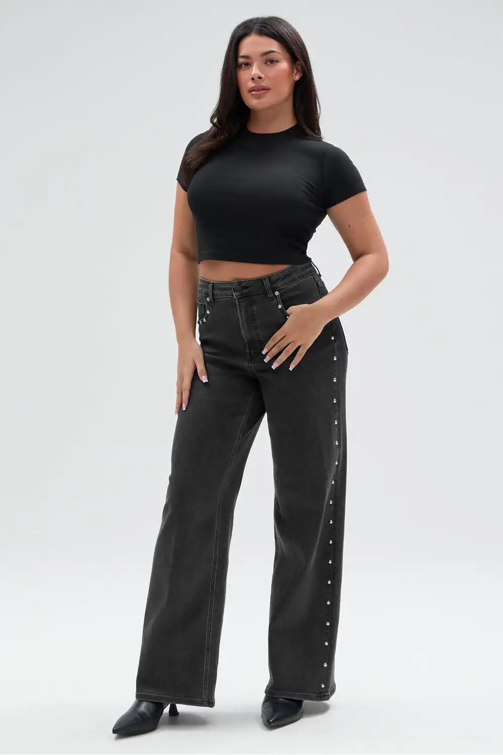 High Rise Wide Leg Studded Jean