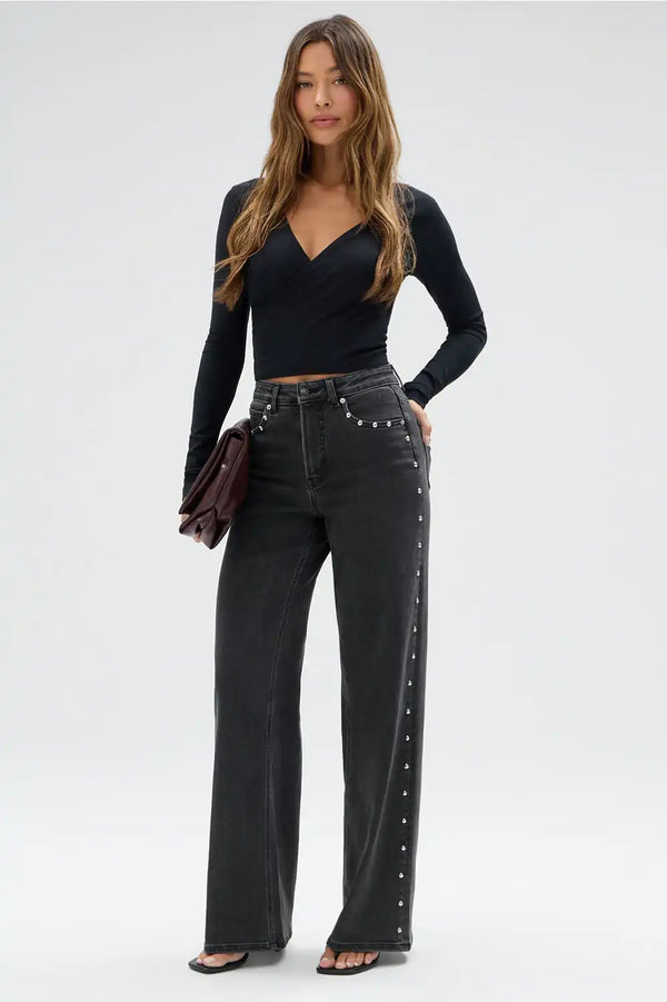 High Rise Wide Leg Studded Jean