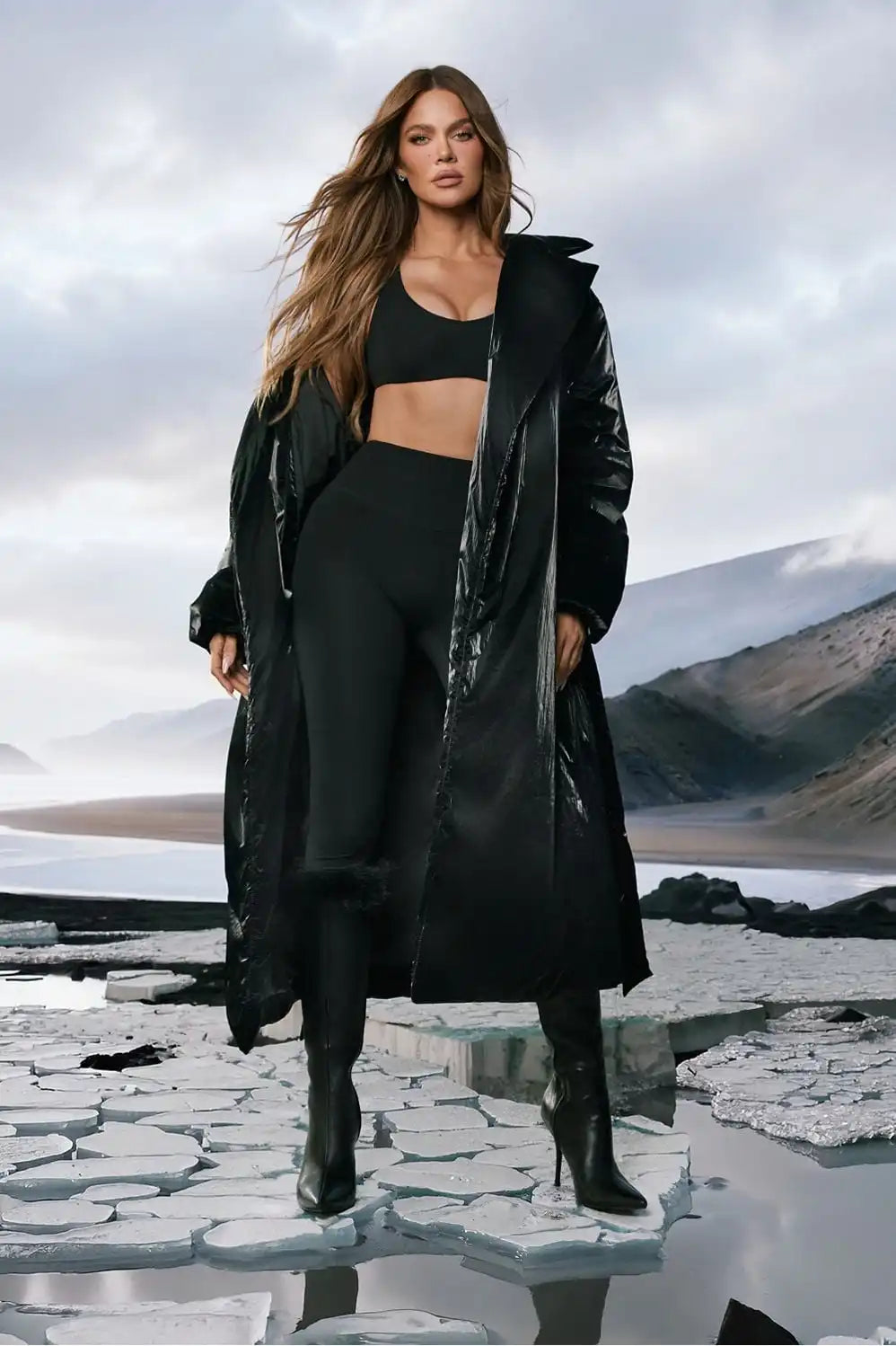 Belted Shine Insulated Long Coat Secondary image