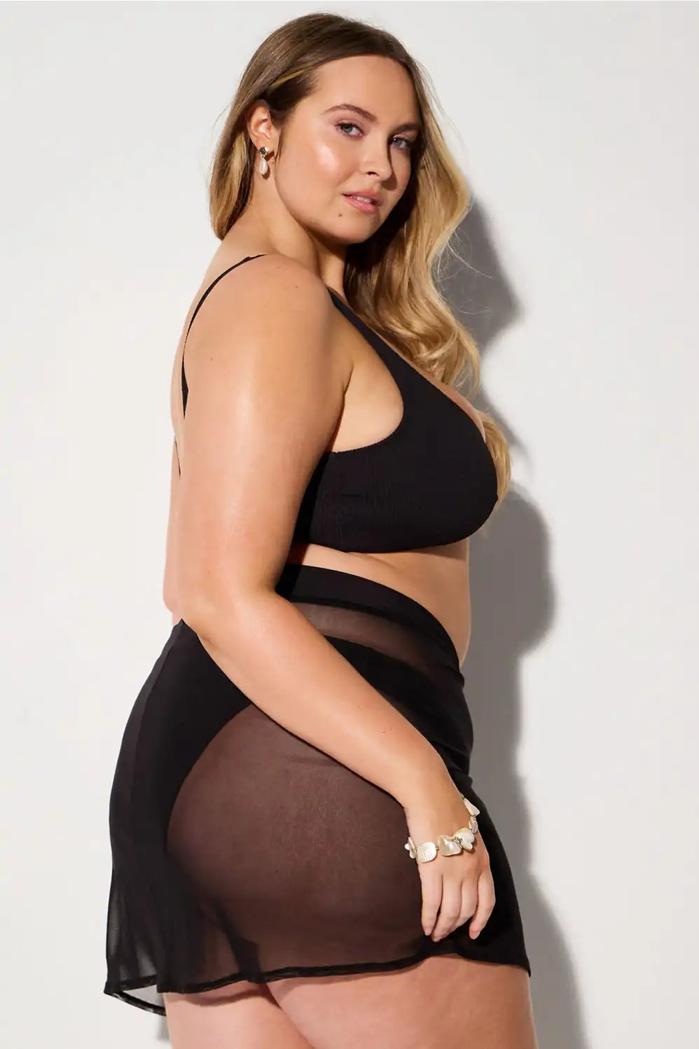 Shaping Swim Plunge Bikini Top + Shaping Swim Bikini Bottom + Sheer Mesh Sarong 3-Piece Bundle
