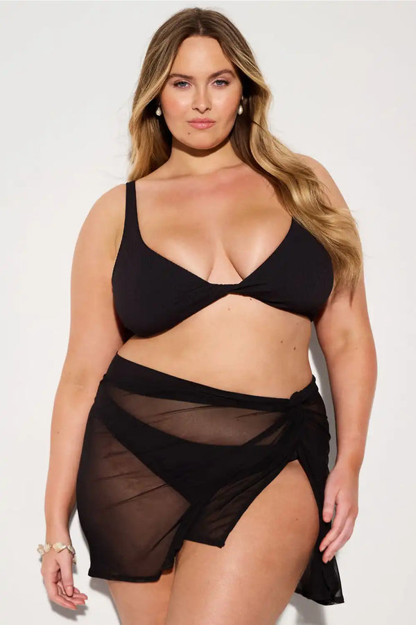 Shaping Swim Plunge Bikini Top + Shaping Swim Bikini Bottom + Sheer Mesh Sarong 3-Piece Bundle
